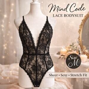 Mind Code Black Lace Bodysuit M Sheer Deep V Lingerie Adjustable Straps